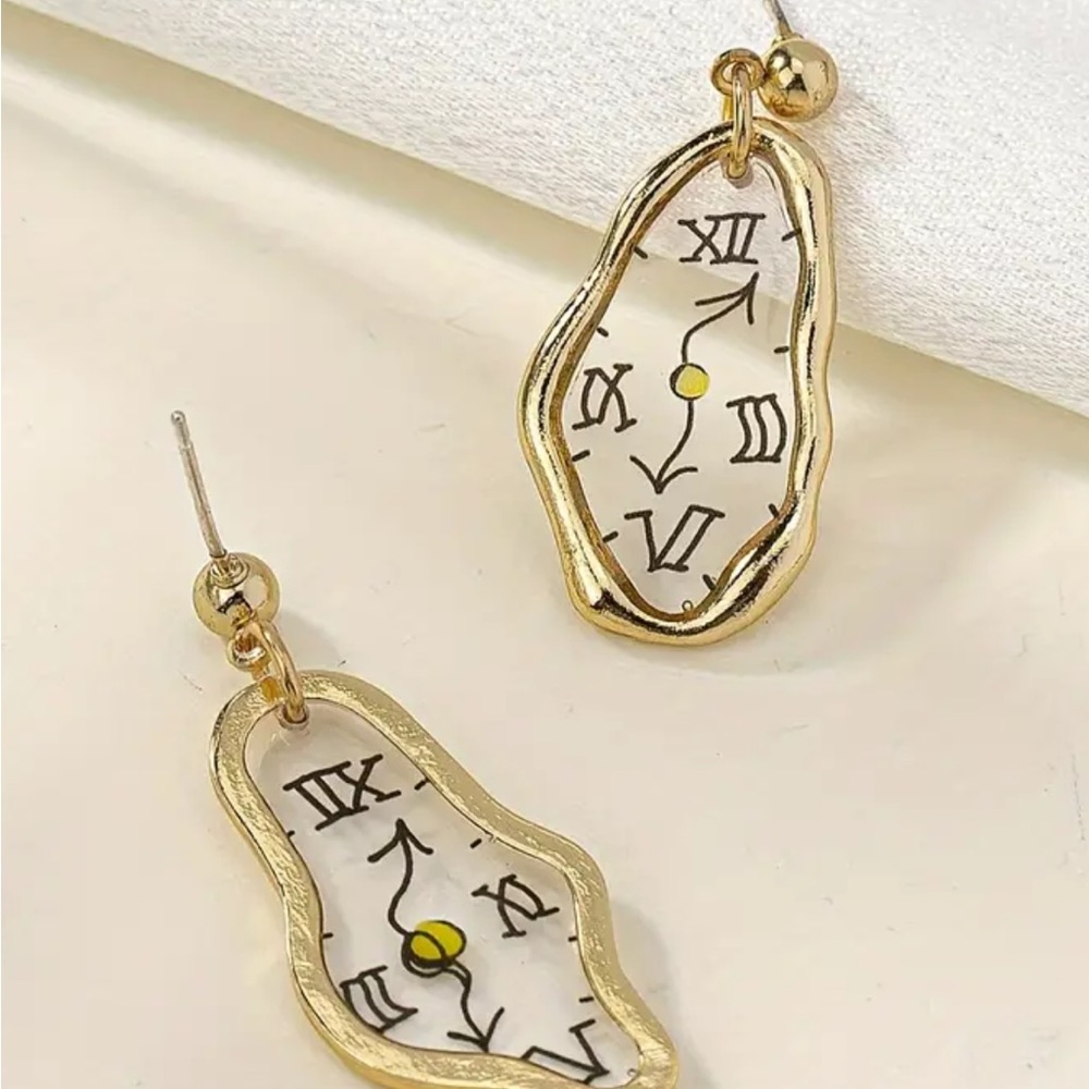 Gold Melting Clock Dangle Earrings - Picture 2 of 4